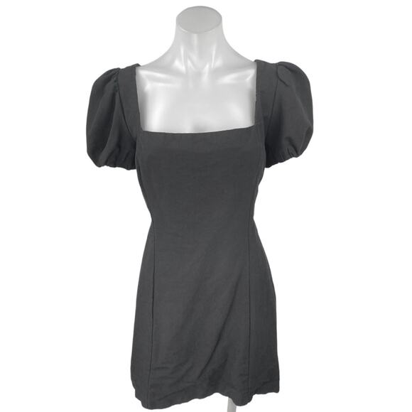 Zara Black Short Puff Sleeve Lace Up Back Square Neck Mini A Line Dress Size XL - Picture 1 of 3